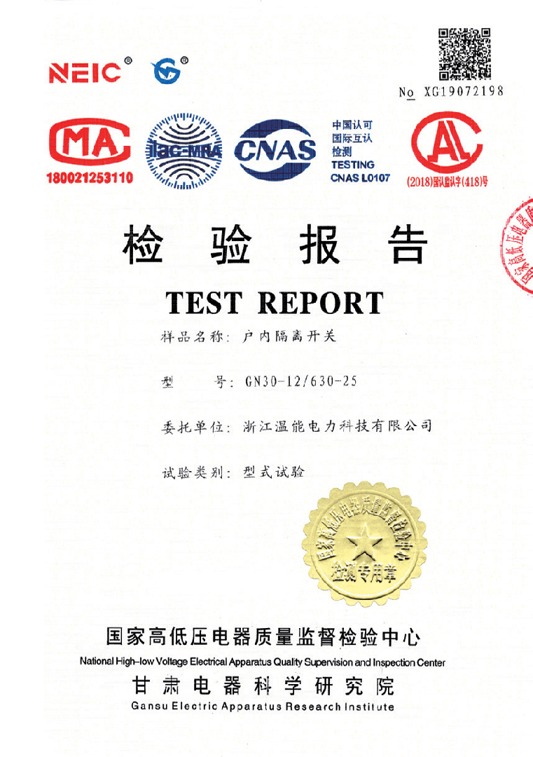 戶內(nèi)隔離開關(guān)檢驗報告
